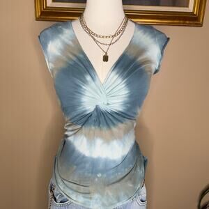 100% Cotton Dusty Blue Tie Dye Twist Front Top Medium Beach Boho